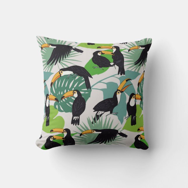 Toucan Bird: Palm Leaves Pattern Throw Pillow (Front)