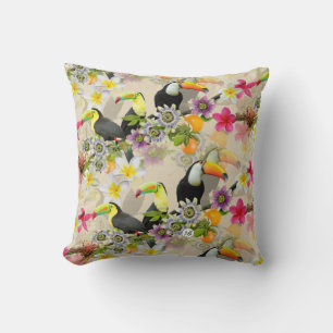 Toucan Birds, Passion Flowers, Plumeria Tropical T Throw Pillow
