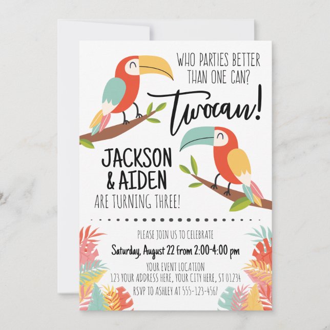Toucan Birthday Invitation Brothers Boy Twocan (Front)