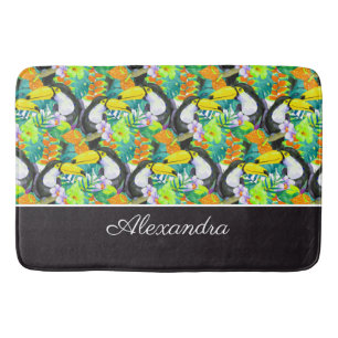 Toucan Black and White Monogram Tropical Flower Bath Mat