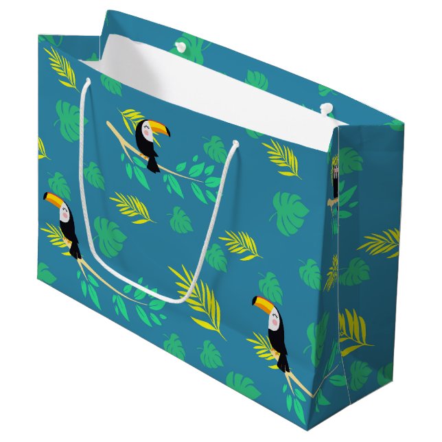 Toucan Blue and Green Tropical Rainforest Large Gift Bag (Front Angled)