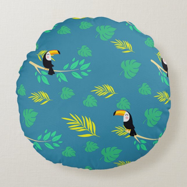 Toucan Blue and Green Tropical Rainforest Round Pillow (Front)