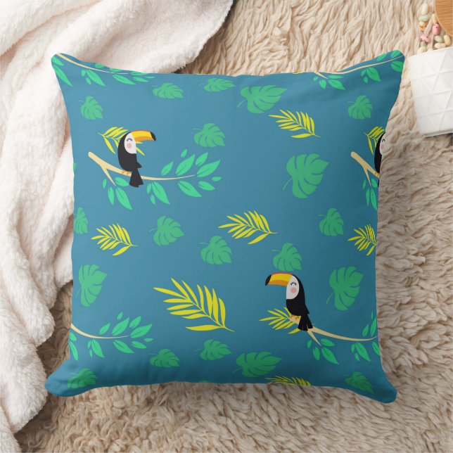 Toucan Blue and Green Tropical Rainforest Throw Pillow (Blanket)
