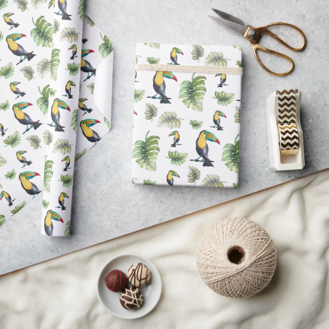 Toucan Exotic Monstera Watercolor Illustration Wrapping Paper (Crafts)