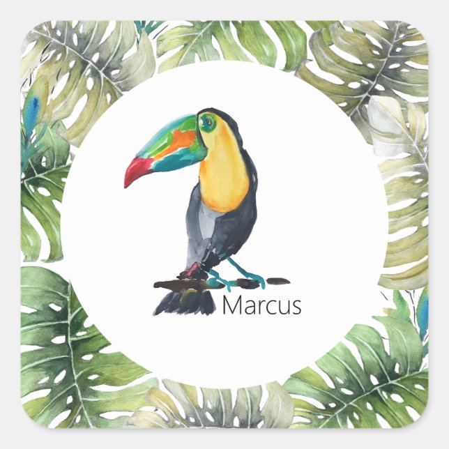 Toucan Exotic Watercolor Illustration Square Sticker (Front)