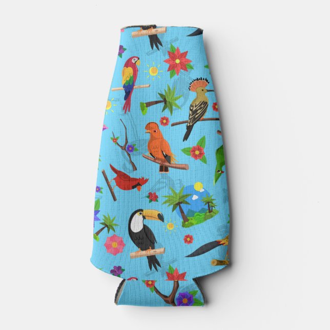 Toucan Flamingo And Arara Seamless Birds Pattern Bottle Cooler (Front)