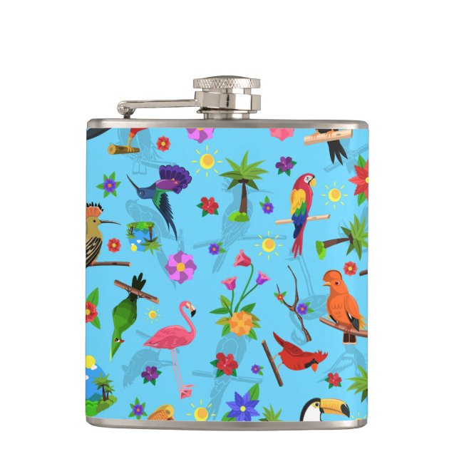Toucan Flamingo And Arara Seamless Birds Pattern Hip Flask (Front)