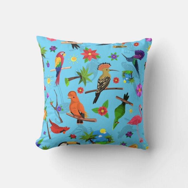 Toucan Flamingo And Arara Seamless Birds Pattern Throw Pillow (Front)