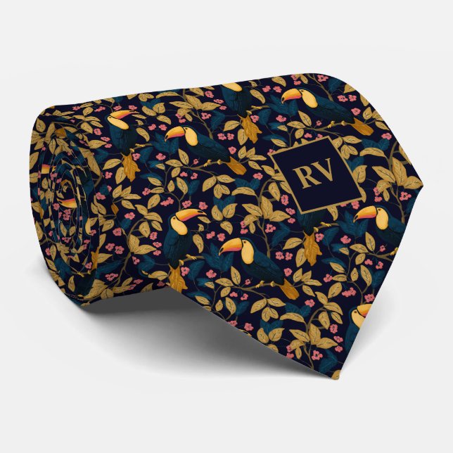 Toucan Foliage on Navy Blue Tie (Rolled)