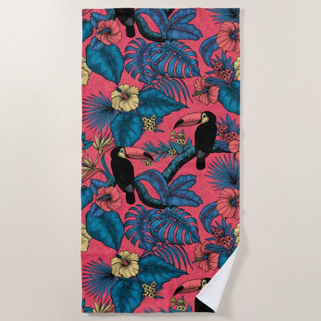 Toucan garden in red and blue beach towel (Front)