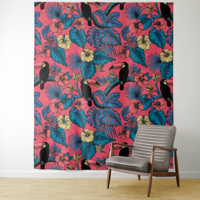 Toucan garden in red and blue tapestry (In Situ)