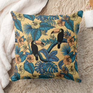 Toucan garden in yellow and blue throw pillow