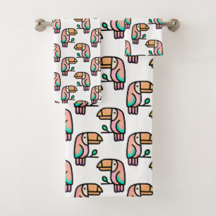 toucan jungle bird pastel rainbow cartoon pattern bath towel set