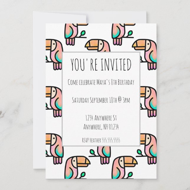 toucan jungle bird pastel rainbow cartoon pattern invitation (Front)