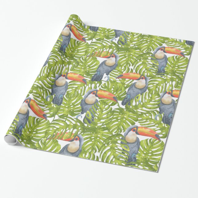 Toucan Jungle Bird Tree Leaves Pattern Wrapping Paper (Unrolled)