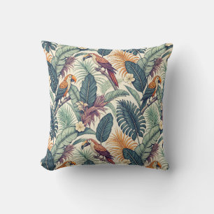 Toucan Jungle - Exotic Tropical Birds Leaf Pattern Throw Pillow
