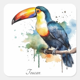 Toucan on Branch Watercolor Art, custom Square Sticker