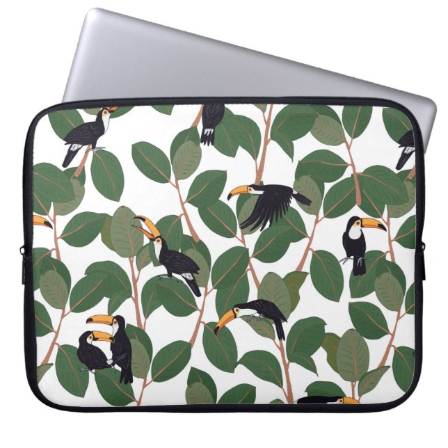 Toucan parrot bird with ficus palm leaves seamless laptop sleeve (Front)