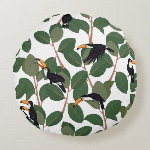 Toucan parrot bird with ficus palm leaves seamless round pillow