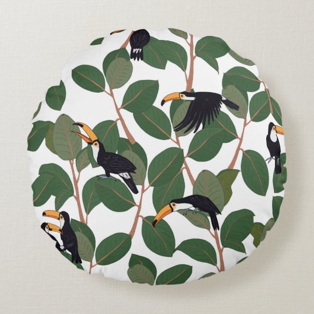 Toucan parrot bird with ficus palm leaves seamless round pillow (Front)