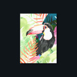 Toucan Portrait with Tropical Leaves Canvas Print<br><div class="desc">Toucan Palms I by Jennifer Paxton Parker. A small toucan rests amongst brightly coloured tropical greenery in a watercolor style. | 133068GG</div>