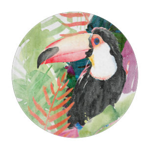 Toucan Portrait with Tropical Leaves Cutting Board