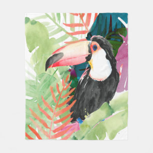 Toucan Portrait with Tropical Leaves Fleece Blanket