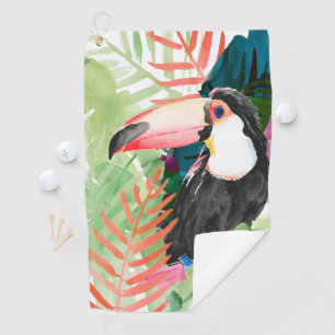 Toucan Portrait with Tropical Leaves Golf Towel