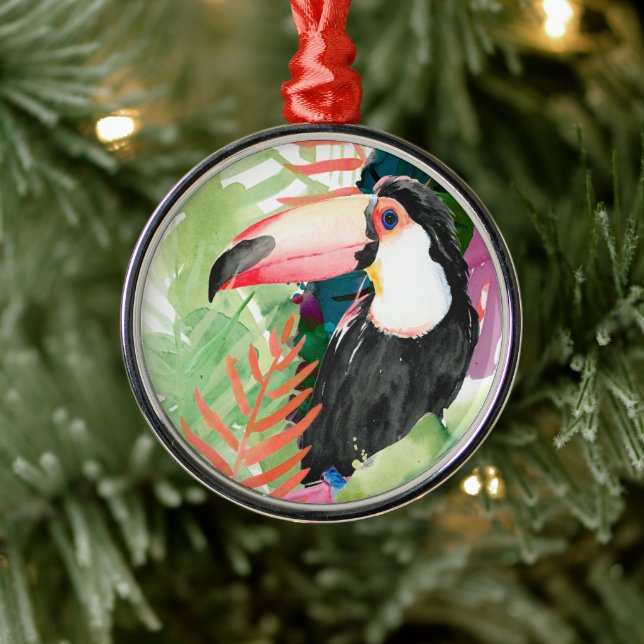 Toucan Portrait with Tropical Leaves Metal Ornament (Tree)