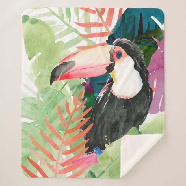 Toucan Portrait with Tropical Leaves Sherpa Blanket (Front)
