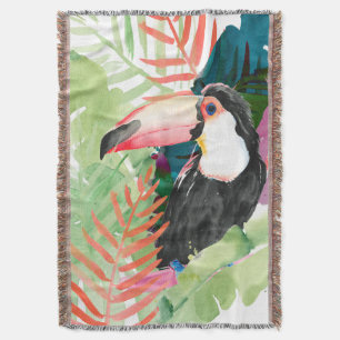 Toucan Portrait with Tropical Leaves Throw Blanket