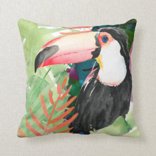 Toucan Portrait with Tropical Leaves Throw Pillow