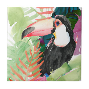 Toucan Portrait with Tropical Leaves Tile