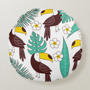 Toucan seamless patter, tile with palm leaves and round pillow
