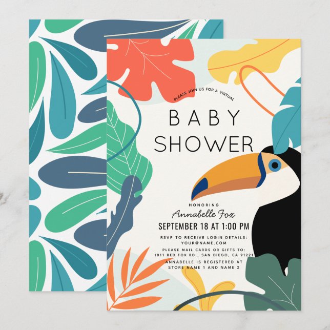 Toucan Tropical Leaf Virtual Baby Shower Invitation (Front/Back)