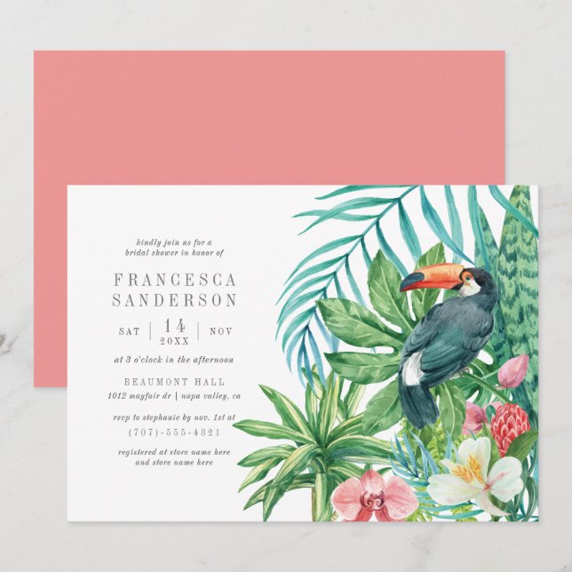 Toucan & Tropical Leaves | Modern Bridal Shower Invitation (Front/Back)