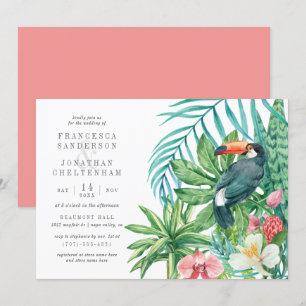 Toucan & Tropical Leaves Modern Summer Wedding Invitation
