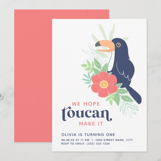 Toucan Tropical Palm Feuilles Invitation d'anniver (Devant / Derrière)