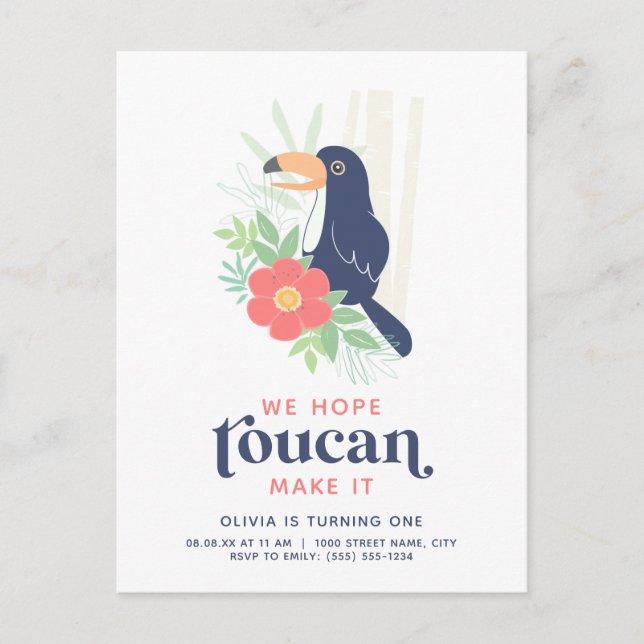 Toucan Tropical Palm Leaves Birthday Invitation Postcard (Front)