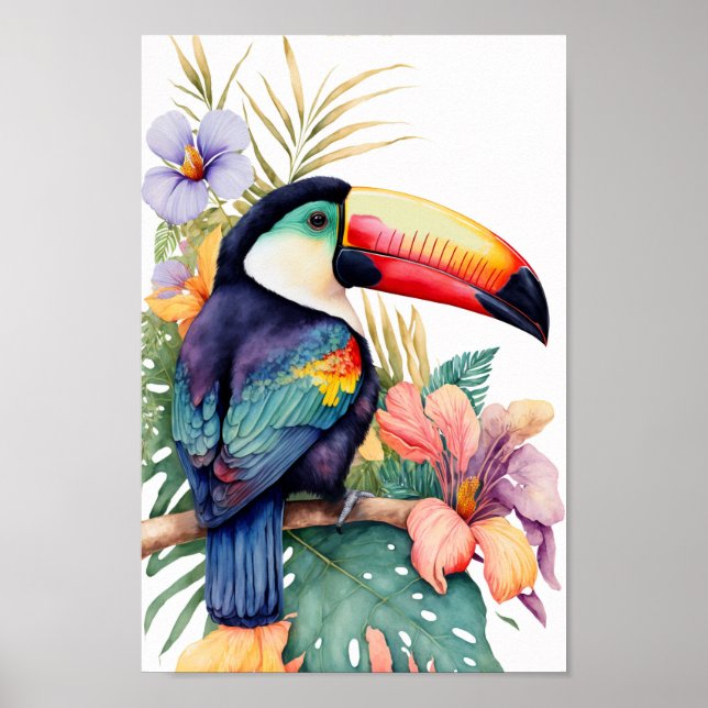 Toucan wall art with tropical flowers print  (Front)