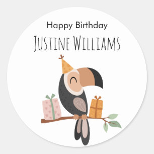 Toucan with party hat and birthday gifts classic round sticker