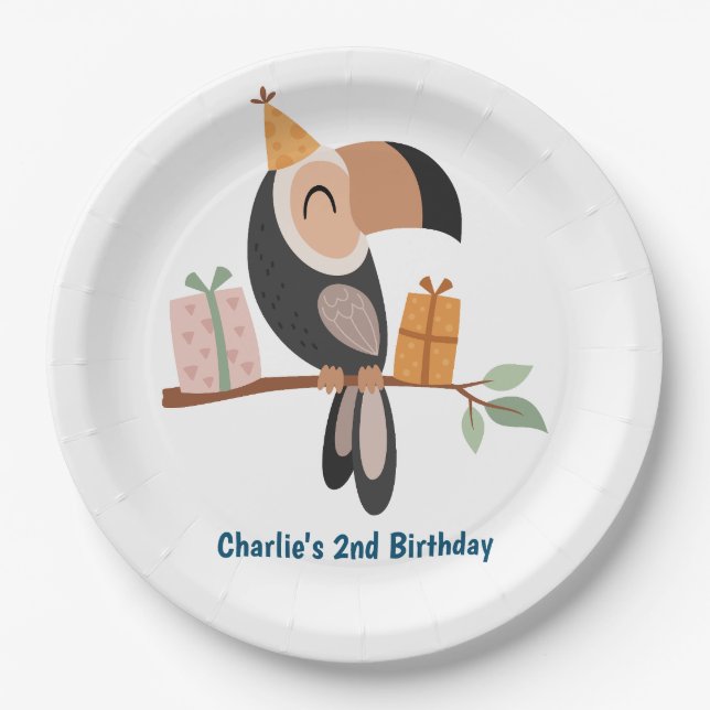 Toucan with party hats and gifts paper plate (Front)