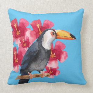 Toucan with Red Tropical Flowers Throw Pillow