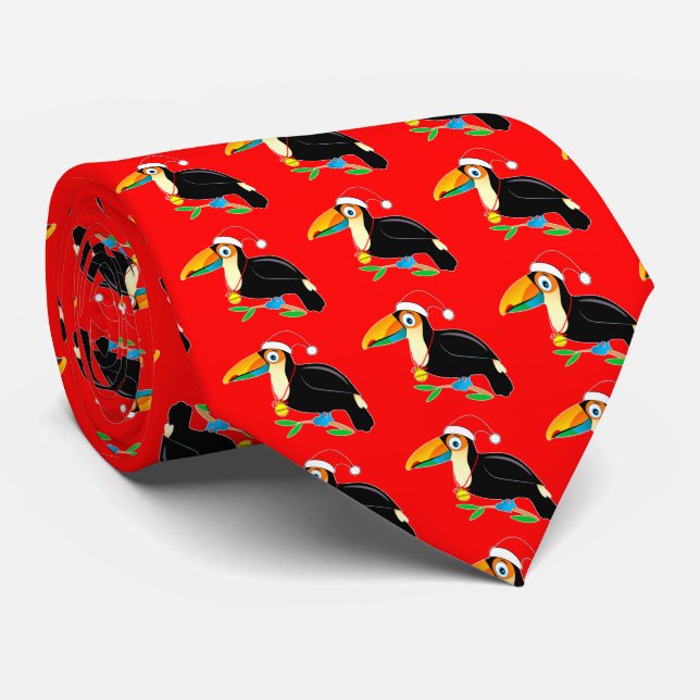 Toucan with Santa Hat Neck Tie (Rolled)
