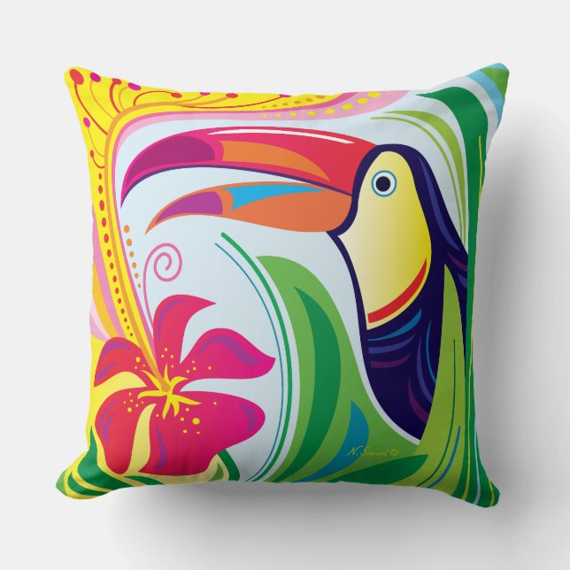 Toucan with Tropical Flower Throw Pillow (Front)