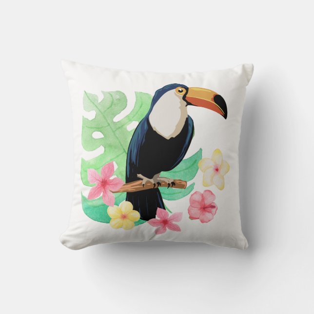 Toucan With Tropical Flowers Throw Pillow (Front)