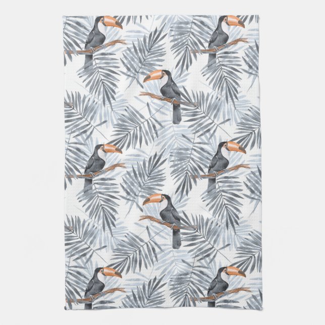 Toucanes and palm leaves. Grey Kitchen Towel (Vertical)