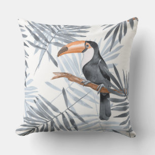 Toucanes and palm leaves. Grey Throw Pillow