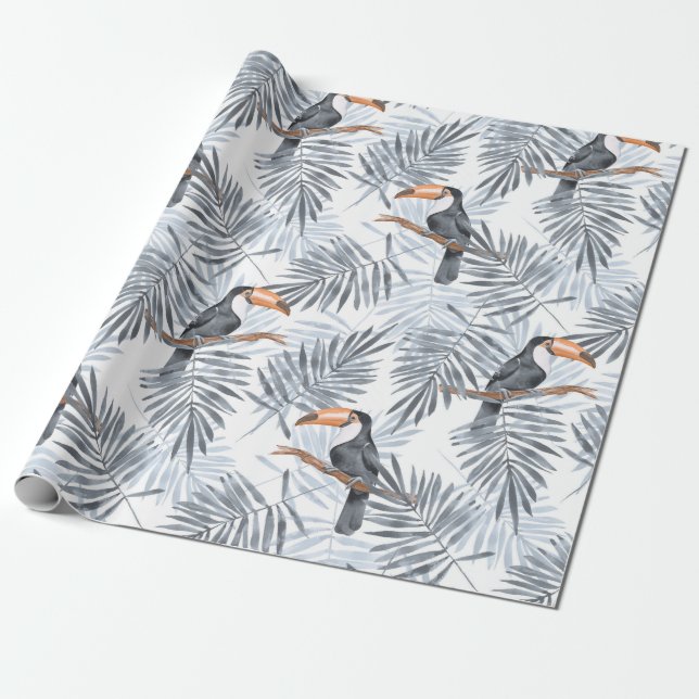 Toucanes and palm leaves. Grey Wrapping Paper (Unrolled)