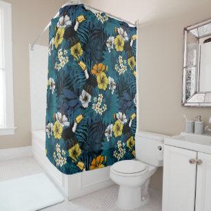 Toucans and tropical flora, blue , yellow , orange